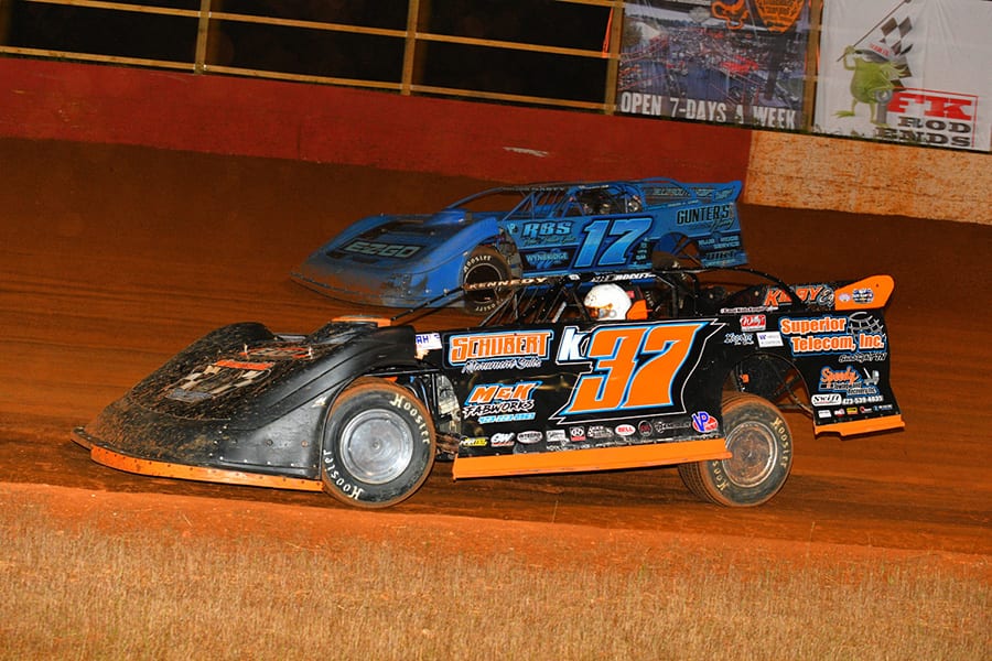 Drew Kennedy (K37) gets under Logan Roberson during Saturday's American Crate All-Star Series event at Smoky Mountain Speedway. (Michael Moats Photo)