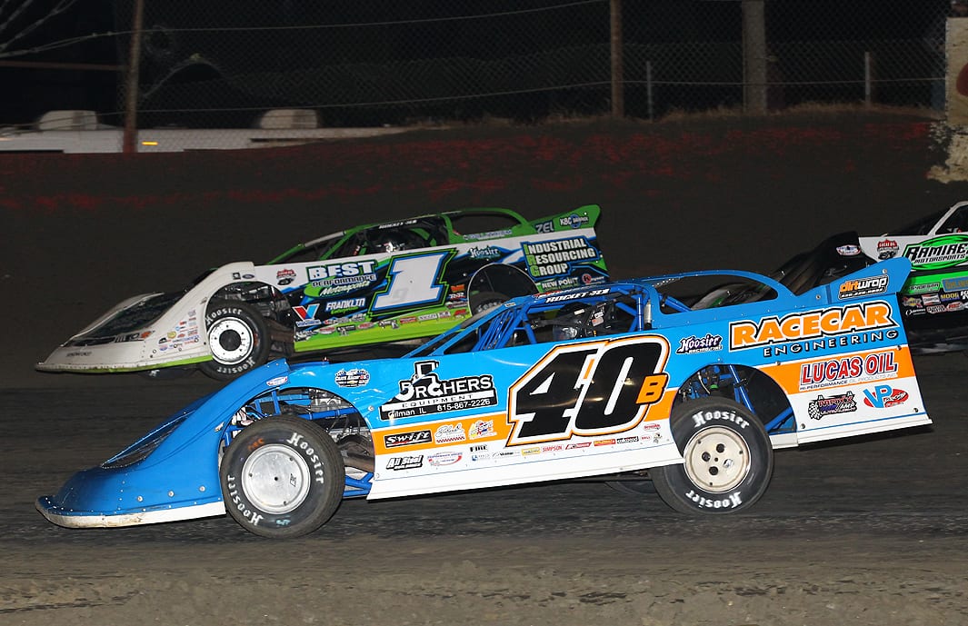 Kyle Bronson (40) and Tyler Erb, shown in February, finished one-two Wednesday at Golden Isles Speedway. (Mike Ruefer photo)