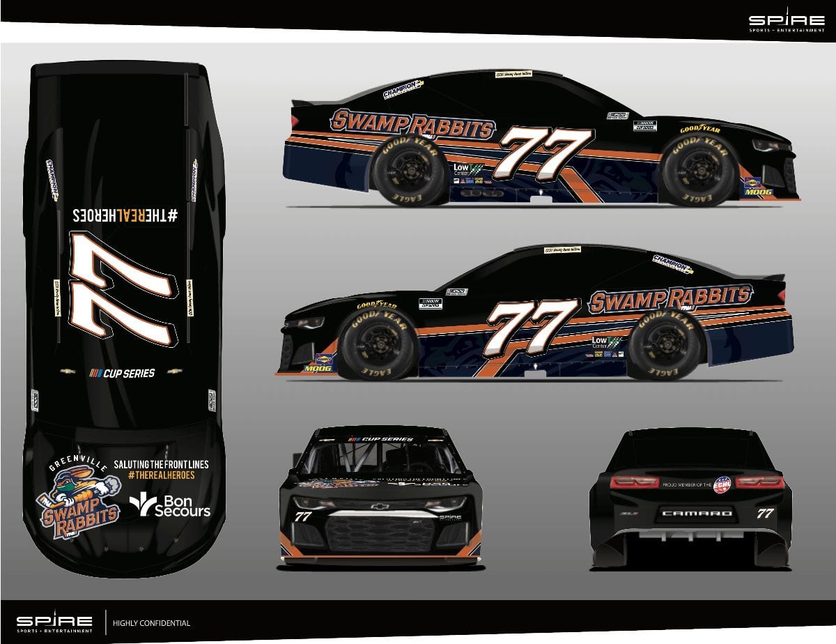 The Spire Motorsports No. 77 will fly the colors of the Greenville Swamp Rabbits and Bon Secours at Darlington Raceway.