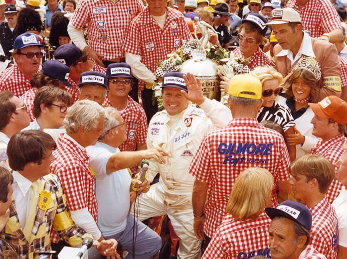 A.J. Foyt in victory lane at Indianapolis Motor Speedway in 1977 following his fourth Indianapolis 500 victory. (IMS Photo)