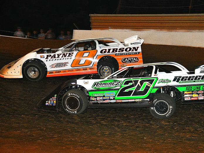 David Payne (8) races around the outside of Jimmy Owens during Saturday's Schaeffer's Oil Iron-Man Late Model Series event at Tazewell Speedway. (Michael Moats Photo)