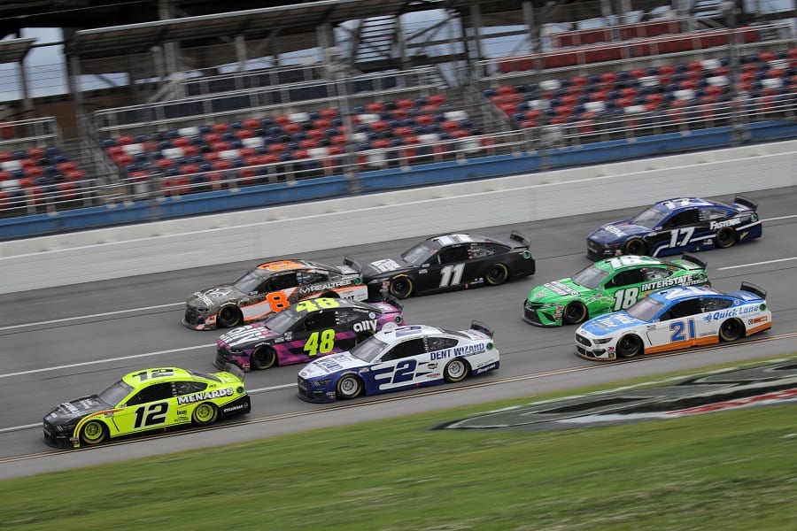 Ryan Blaney (12) leads a pack of cars during Monday's GEICO 500 at Talladega Superspeedway. (Chris Graythen/Getty Images photo)