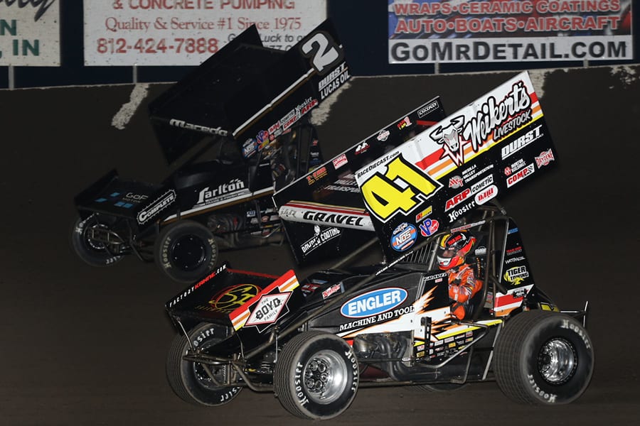 David Gravel (41) races under Carson Macedo during Friday's World of Outlaws NOS Energy Drink Sprint Car Series event at Tri-State Speedway. (Neil Cavanah Photo)