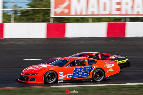 Buddy Shepherd (22) dominated Saturday's 40-lap Madera Late Model feature at Madera Speedway. (Jason Wedehase Photo)
