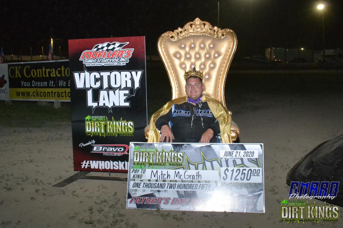 Mitch McGrath wins the Father's Day 30 DiscountShopTowels.com Dirt Kings Late Model Tour race at Wilmot Raceway and was crowned King in Mueller's Sales & Service Victory Lane.