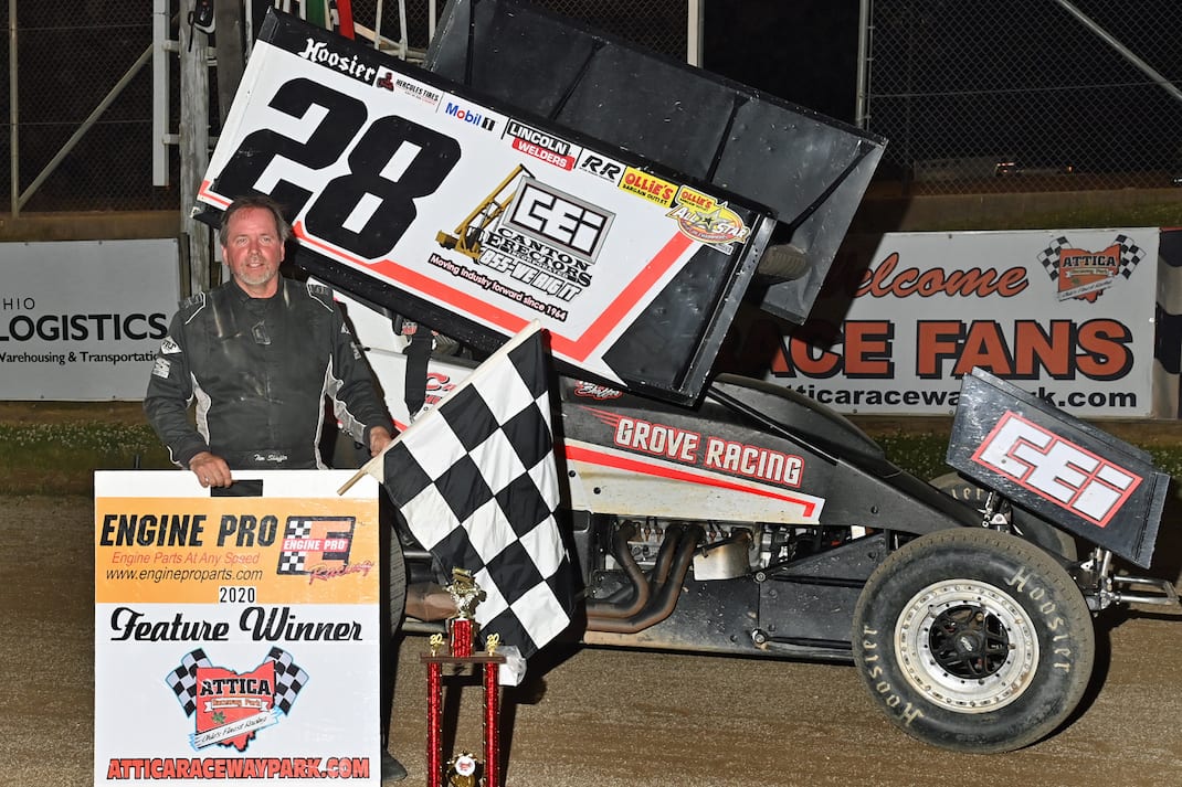 Tim Shaffer in victory lane at Attica Raceway Park. (Mike Campbell photo)
