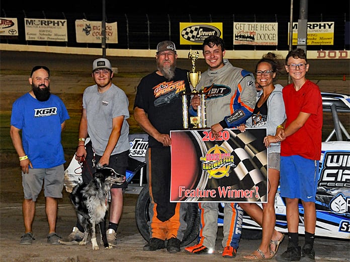 Tathan Burkhart raced to victory in the Hobby Stock Roundup Saturday at Dodge City Raceway Park.