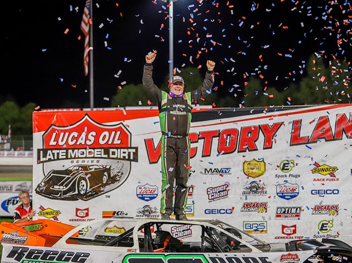 Jimmy Owens celebrates after winning Saturday's Clash at the Mag at Magnolia Motor Speedway. (Chris McDill Photo)