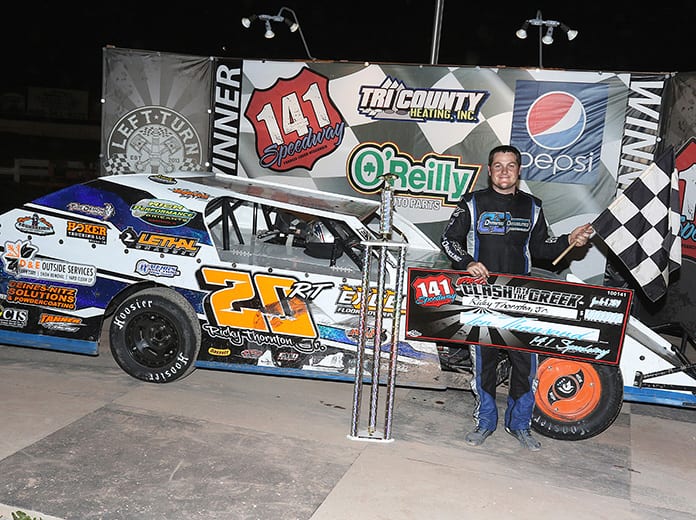 Ricky Thornton Jr. led all 50 laps in winning a third straight IMCA Modified Clash at the Creek Thursday night at 141 Speedway. The checkers were good for $10,000. (Joe Slack Photo)