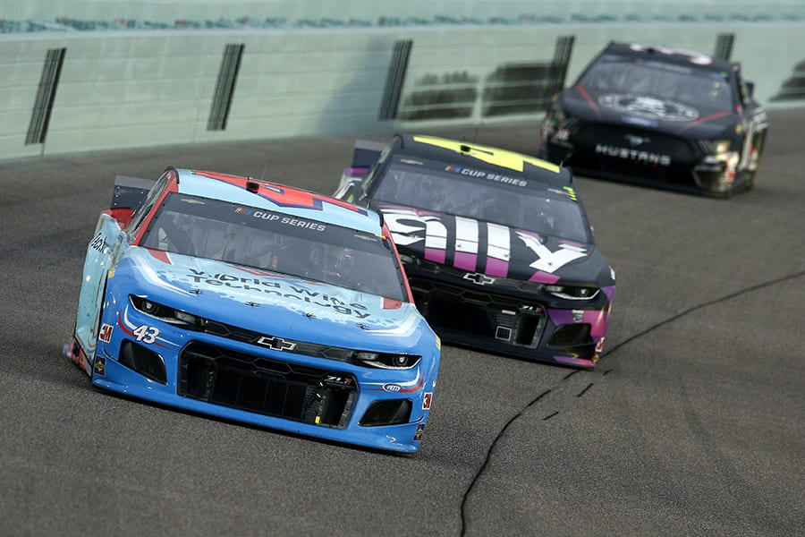 Bubba Wallace (43) leads Jimmie Johnson during Sunday's NASCAR Cup Series race at Homestead-Miami Speedway. (Michael Reaves/Getty Images Photo)