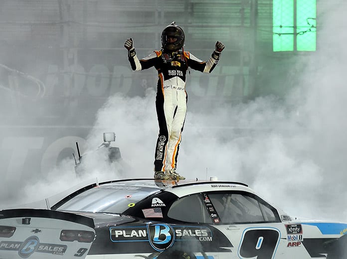 Noah Gragson celebrates after winning Monday's NASCAR Xfinity Series race at Bristol Motor Speedway. (Jared C. Tilton/Getty Images Photo)