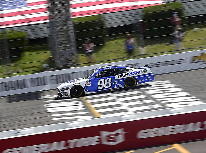 Chase Briscoe crosses the finish line to win Sunday's NASCAR Xfinity Series race at Pocono Raceway. (Jared C. Tilton/Getty Images Photo)