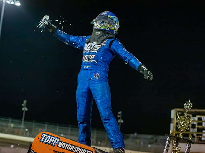 Justin Grant celebrates after winning Sunday's USAC AMSOIL National Sprint Car Series event at Federated Auto Parts Raceway at I-55. (Brad Plant Photo)