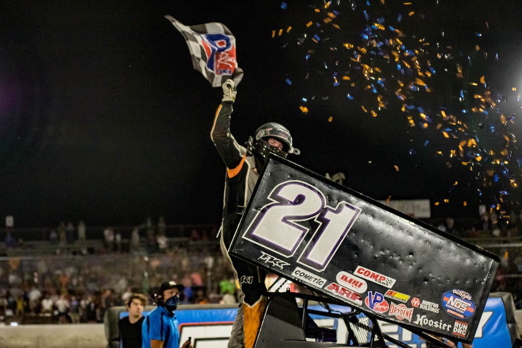Carson Short celebrates victory at Triple-State Speedway. (Brad Plant photo)