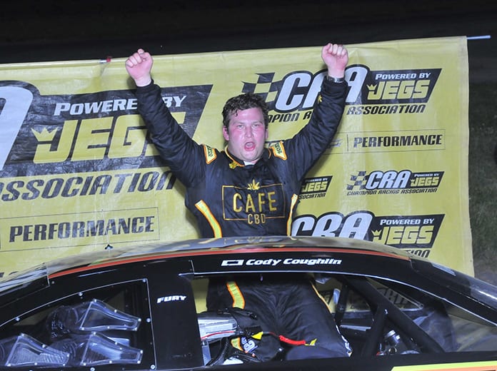 Cody Coughlin celebrates after winning Saturday's ARCA/CRA Super Series feature at Anderson Speedway. (Randy Crist Photo)