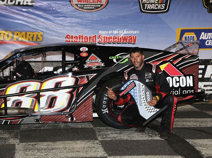 Keith Rocco in victory lane after winning Friday's SK Modified feature at Stafford Motor Speedway.