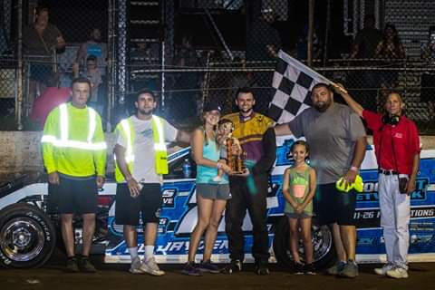 Gunner Martin and crew celebrate their A-Mod Victory at Central Missouri Speedway. (Joshua Allee Photo)
