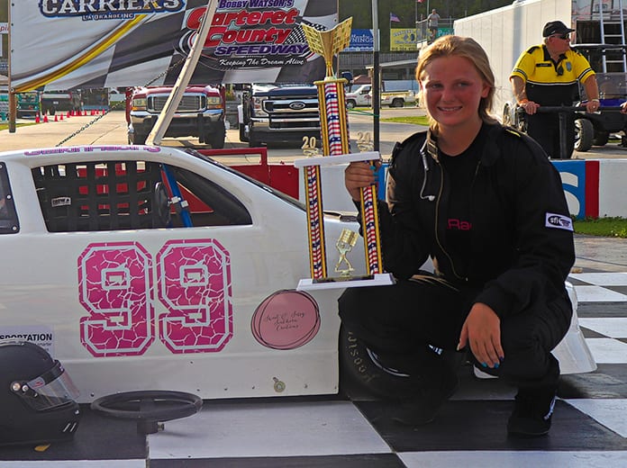 Carsyn Gillikin in victory lane at Carteret County Speedway. (Andy Marquis photo)