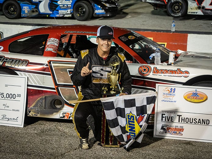 Stephen Nasse in victory lane on Friday night at Five Flags Speedway. (Jason Reasin Photo)