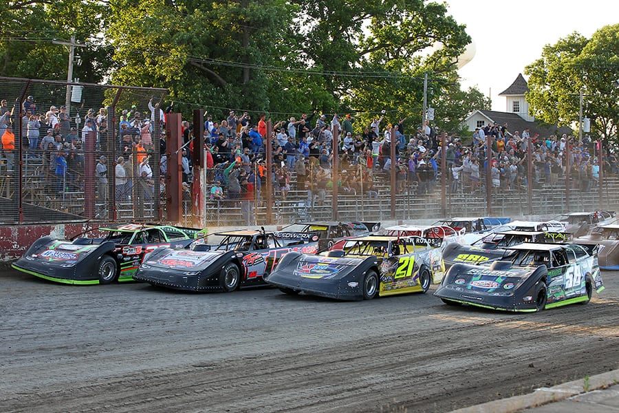 The feature field for Sunday's Lucas Oil MLRA event at West Liberty Raceway prepares to go racing. (Mike Ruefer Photo)
