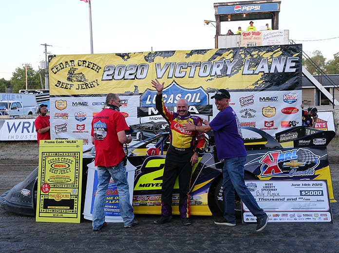 Billy Moyer poses in victory lane after winning Sunday's Lucas Oil MLRA feature at West Liberty Raceway. (Mike Ruefer Photo)