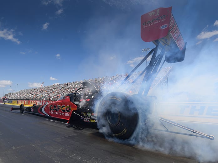 Steve Torrence claimed the No. 1 spot in Top Fuel qualifying Saturday at Lucas Oil Raceway. (NHRA Photo)