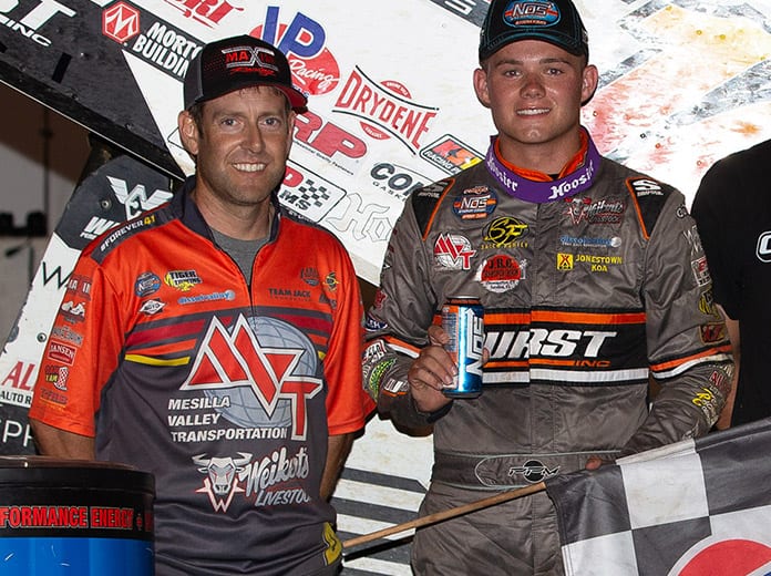 Philip Dietz (left) and driver Parker Price-Miller after the duo won a World of Outlaws event at 34 Raceway recently. (Trent Gower Photo)