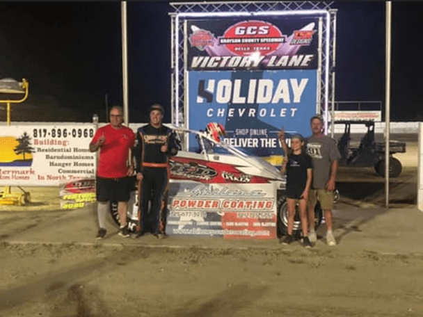 Logan Scherb in victory lane following his ASCS Elite Non-Wing Series victory Saturday at Grayson County Speedway.