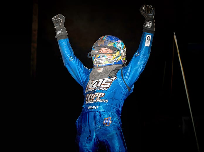 Justin Grant celebrates after winning Wednesday's Indiana Sprint Week feature at the Terre Haute Action Track. (Eli Kaikko Photo)