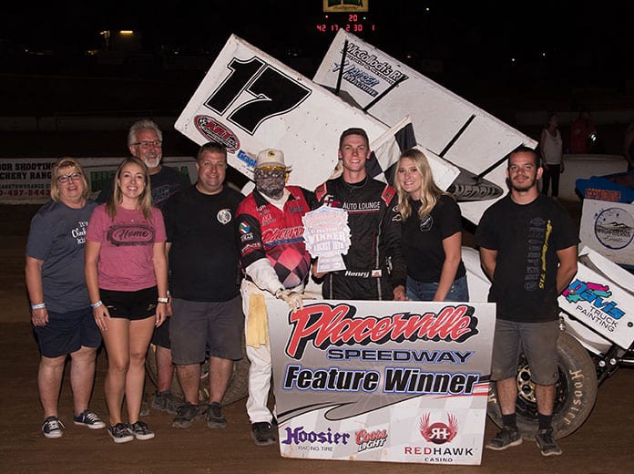 Kalib Henry in victory lane Saturday at Placerville Speedway. (Devin Mayo Photo)