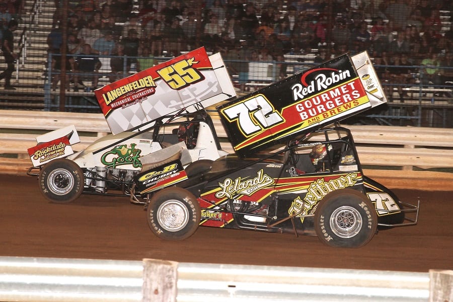 Robbie Kendall (55k) races with Ryan Smith during round eight of Pennsylvania Speedweek Friday at Williams Grove Speedway. (Dan Demarco photo)