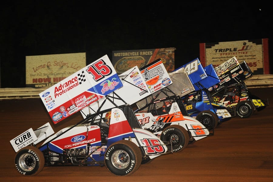 The four-wide parade lap prior to Saturday's Champion Racing Oil Summer Nationals finale at Williams Grove Speedway. (Julia Johnson photo)