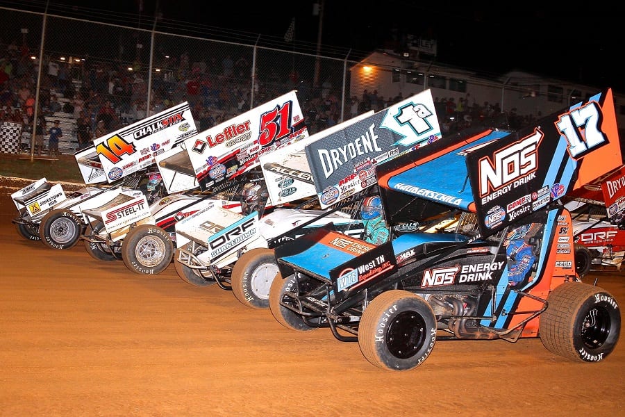 The four-wide parade lap prior to Thursday's World of Outlaws Gettysburg Clash at Lincoln Speedway. (Dan Demarco photo)