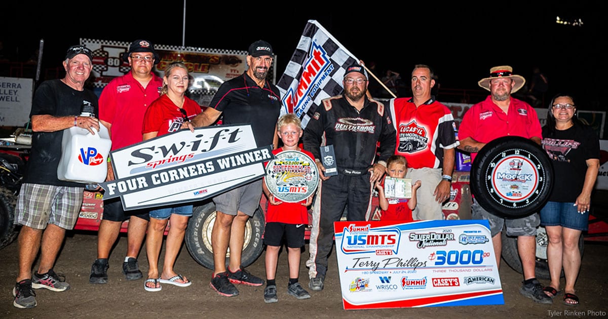 Terry Phillips in victory lane Friday night at I-80 Speedway. (Tyler Rinken Photo)