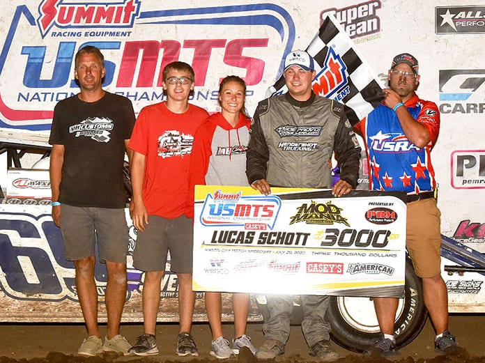 Lucas Schott won round two of the Summit USMTS National Championship Mod Mania event on Wednesday at Mason City Motor Speedway. (Buck Monson Photo)