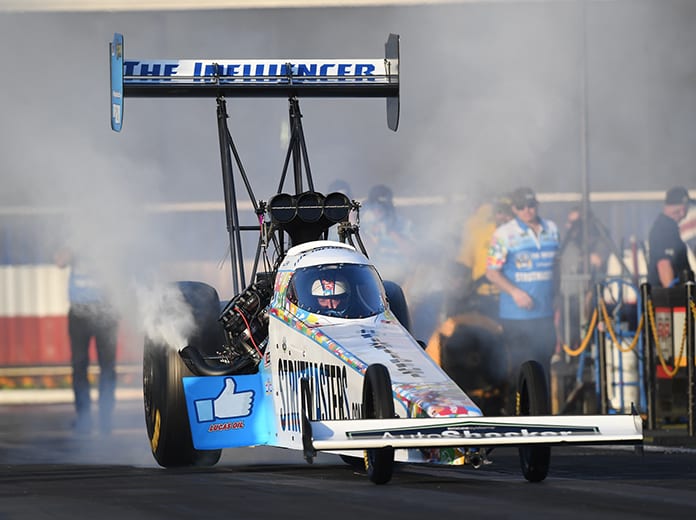 Justin Ashley, shown here earlier in the year, will race T.J. Zizzo for the Top Fuel Wally when the Lucas Oil NHRA Summernationals finals take place during the U.S. Nationals in September. (NHRA Photo)