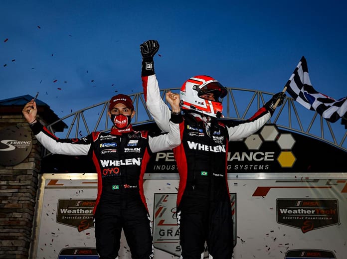Pipo Derani and Felipe Nasr celebrate after winning Saturday's Cadillac Grand Prix at Sebring Int'l Raceway. (IMSA Photo)