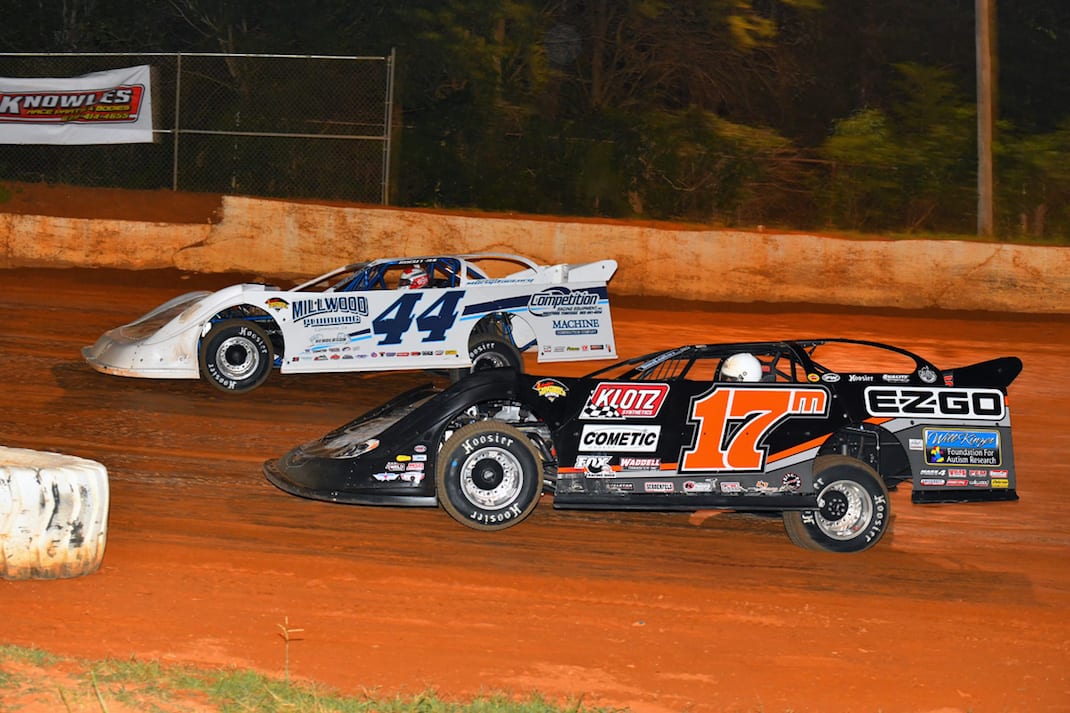 Chris Madden (44) leads Dale McDowell at 411 Motor Speedway. (Michael Moats photo)