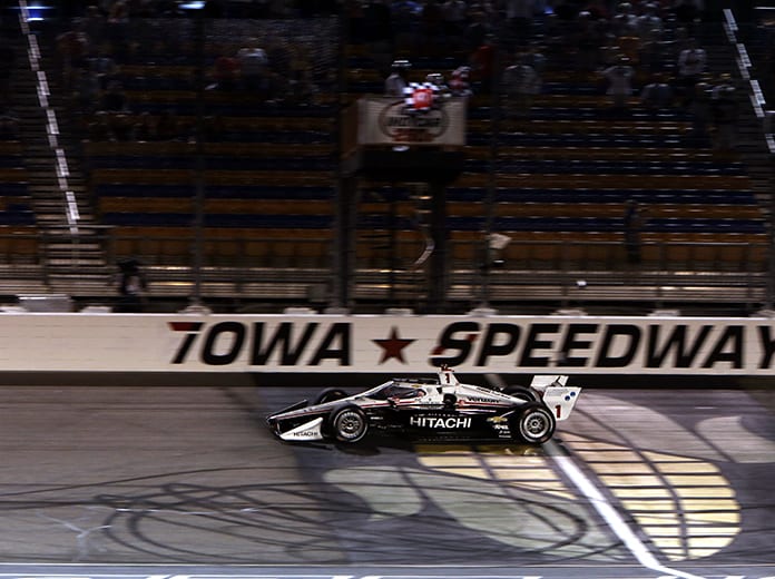 Josef Newgarden crosses the finish line to win Saturday's NTT IndyCar Series event at Iowa Speedway. (IndyCar Photo)