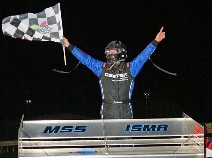 Dave Shullick Jr. celebrates after winning the Hy-Miler Fast 40 Friday at Sandusky Speedway. (Todd Ridgeway Photo)