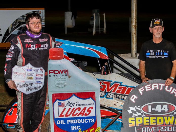 Andrew Felker in victory lane following his victory Saturday at I-44 Riverside Speedway. (Gary Pigg Photo)