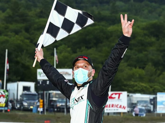 Justin Bonsignore celebrates after winning Saturday's NASCAR Whelen Modified Tour event at White Mountain Motorsports Park. (Adam Glanzman/NASCAR Photo)