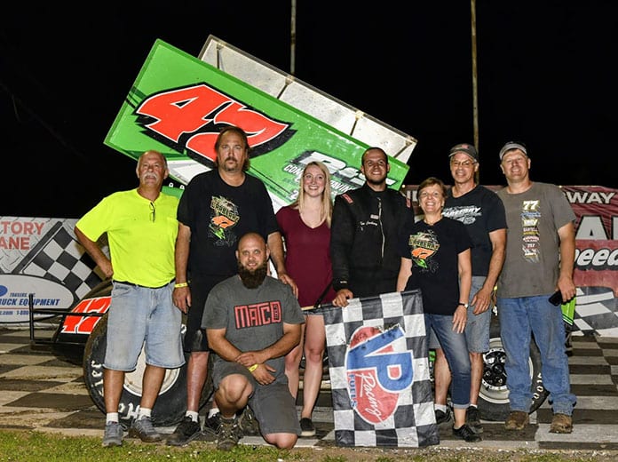 Adam Carberry in victory lane Saturday following his first URC sprint car win at Grandview Speedway. (Jesse Carberry Photo)