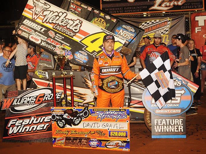 David Gravel poses in victory lane after winning Saturday's Summer Nationals feature at Williams Grove Speedway. (Julia Johnson Photo)