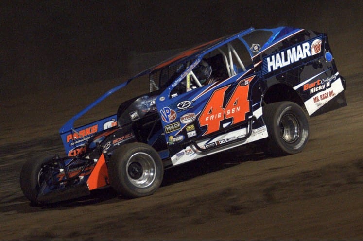 Stewart Friesen on his way to victory Friday at Albany-Saratoga Speedway. (Dave Dalesandro Photo)