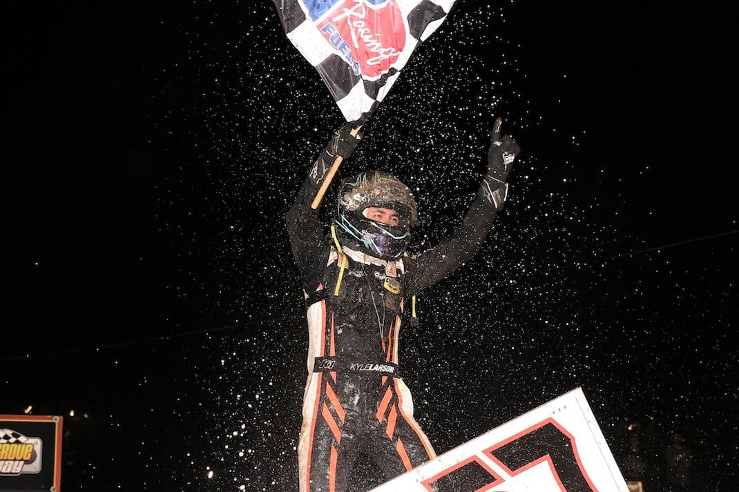 Kyle Larson celebrates his first Williams Grove Speedway victory. (Dan Demarco photo)
