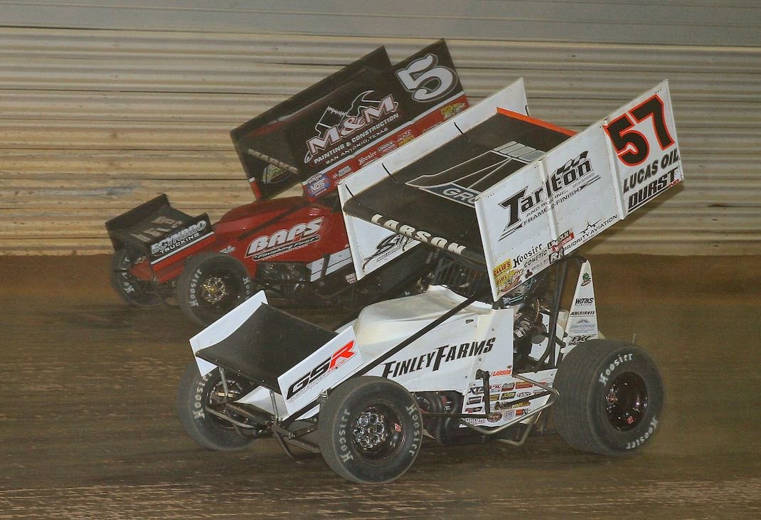 Kyle Larson takes the lead from Brent Marks (5) Saturday at Port Royal Speedway. (Dan Demarco photo)