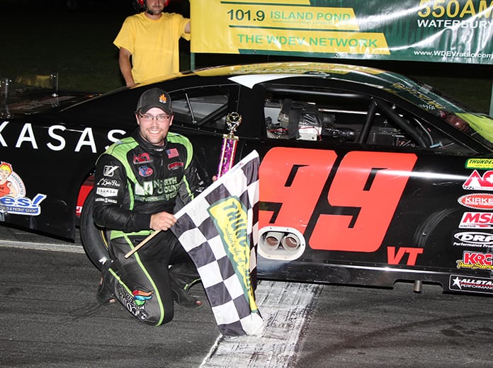 Cody Blake avoided a major crash on his way to the Maplewood/Irving Oil Late Model victory on WDEV/Calkins Night. (Alan Ward photo)
