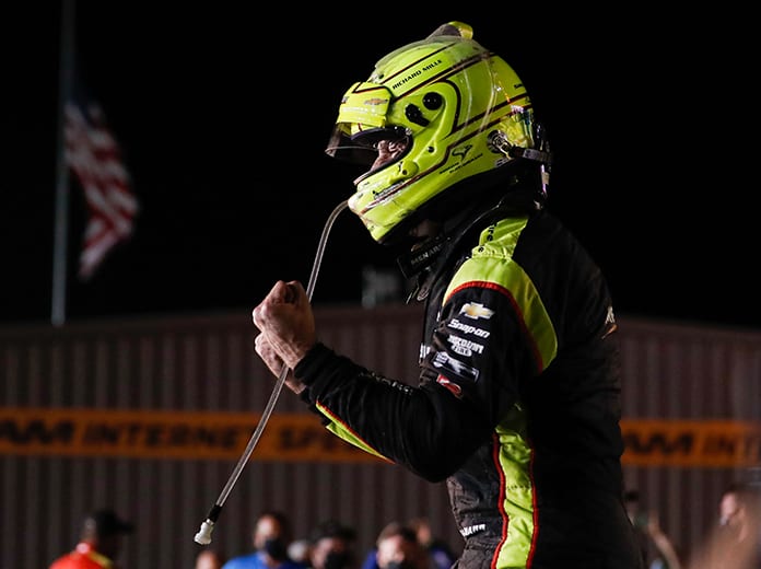 Simon Pagenaud celebrates after winning Friday's first race of the Iowa IndyCar 250s at Iowa Speedway. (IndyCar Photo)