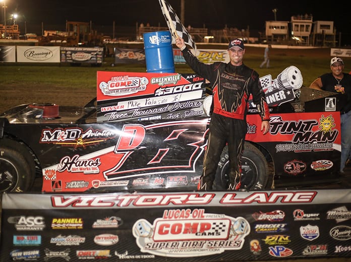 Mike Palasini Jr. in victory lane Friday at Greenville Speedway. (Millie Tanner Photo)